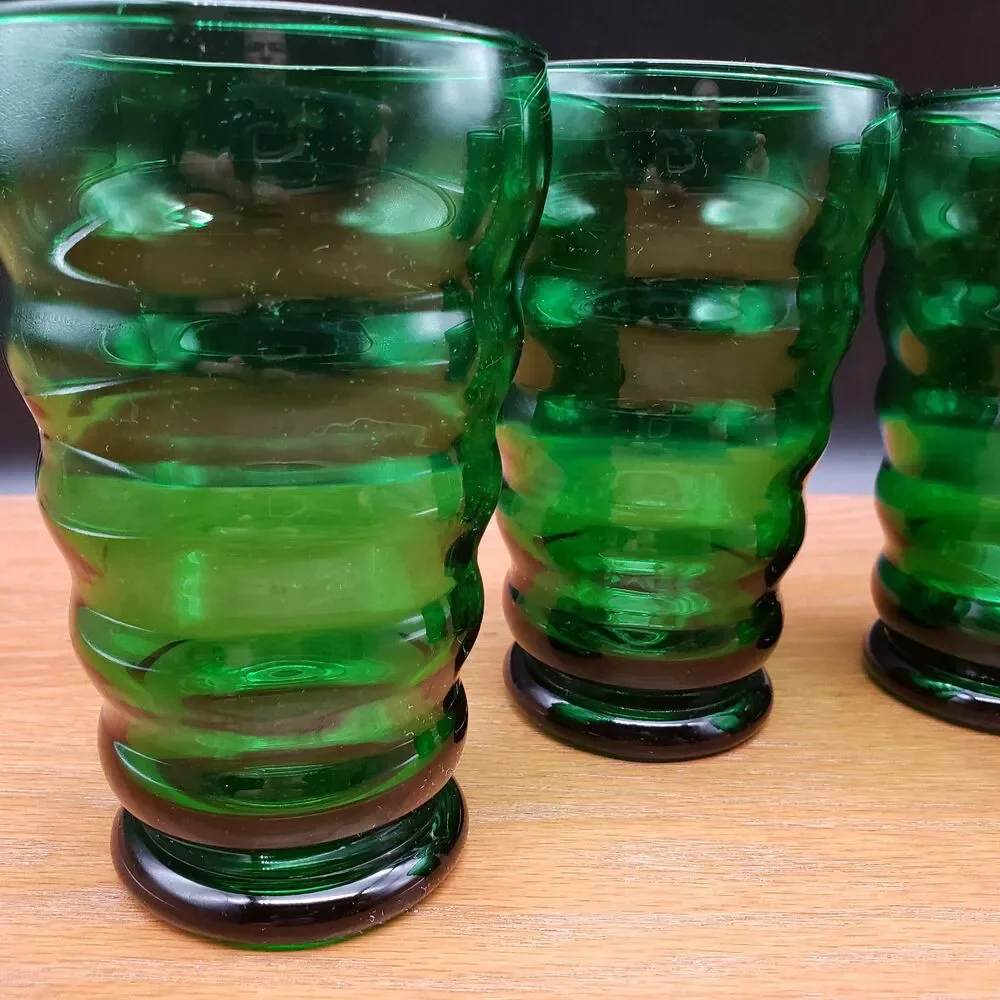 Anchor Hocking Whirly Twirly Forest Green Tumblers Set of 4 Vintage 12 oz